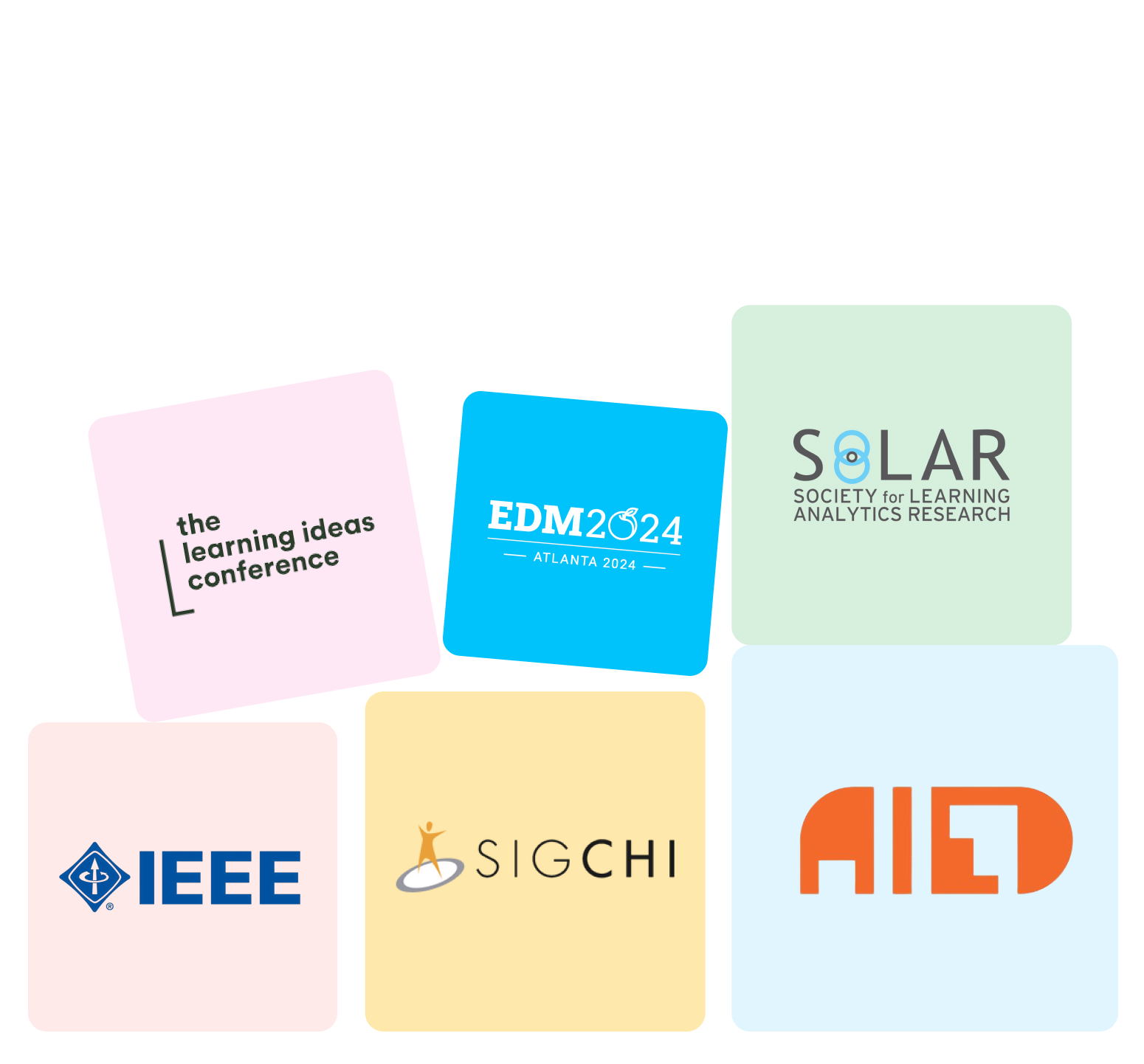 Research and conference logos: Learning Ideas, EDM, SoLAR, IEEE, SIGCHI, AIED